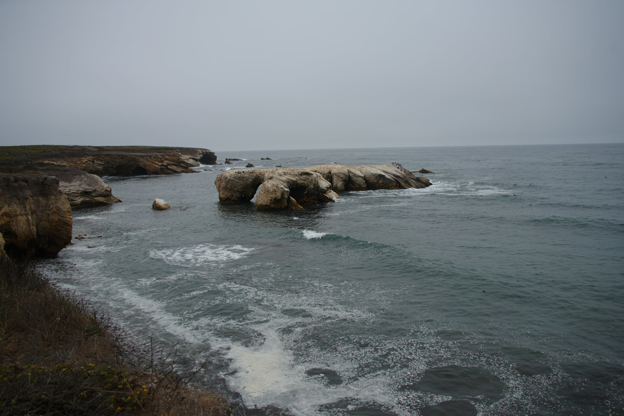 흐린 하늘 아래 바다로 길게 뻗은 바위와 San Luis Obispo County의 해안 절벽.